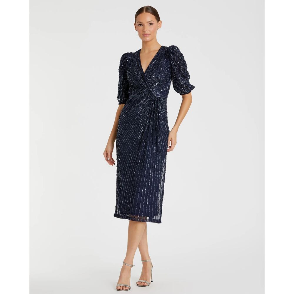 Mac Duggal 5578 Midnight Navy Sequined V-Neck Short Puff Sleeve Midi Dress 8 NWT - Picture 1 of 7